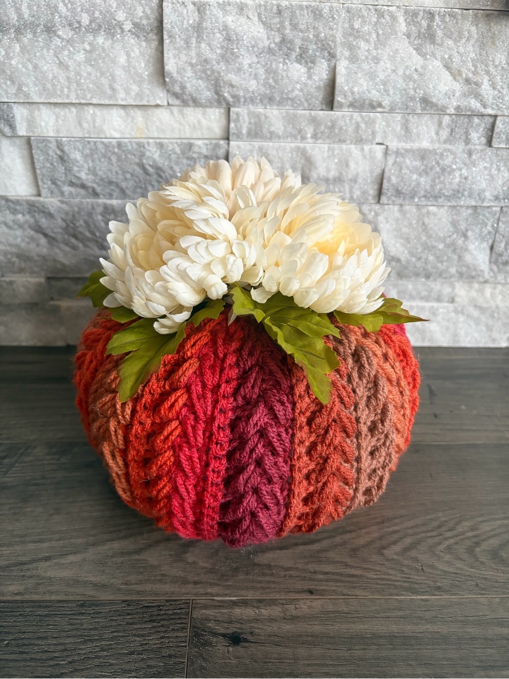 Handmade Autumn Crochet Pumpkin Floral Accent - Cream and Multicolor
